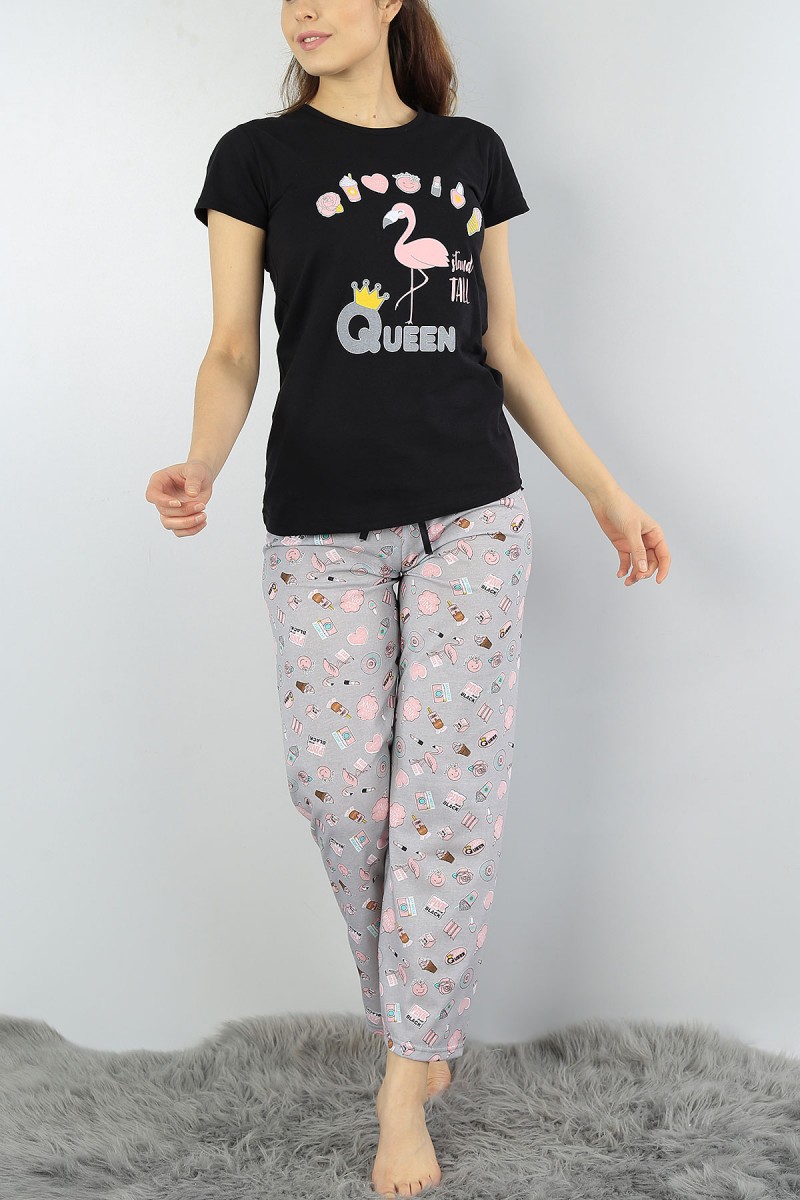 Siyah Baskılı Bayan Pijama Takımı 52039