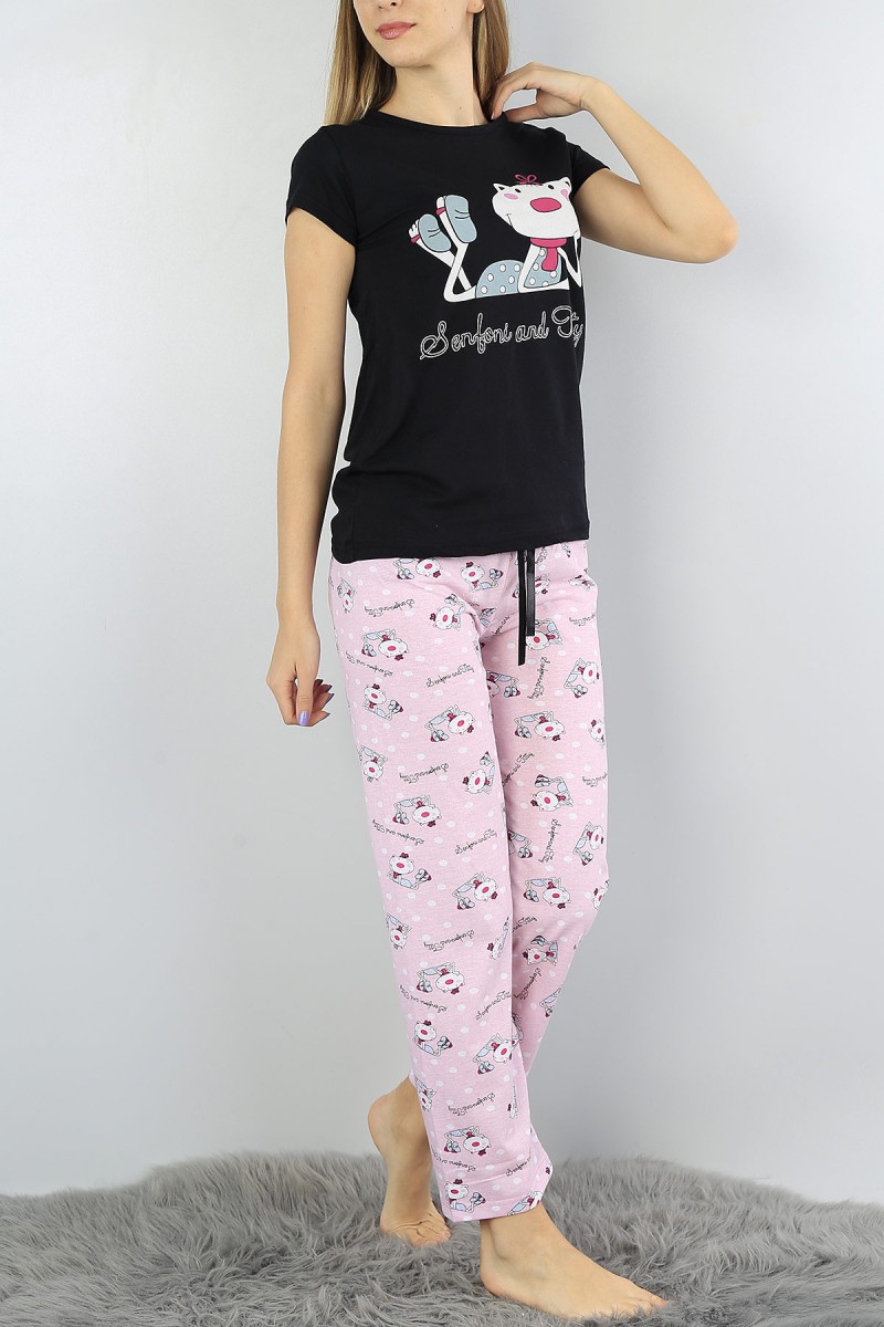 Siyah Baskılı Bayan Pijama Takımı 52089