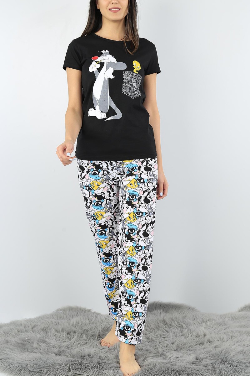 Siyah Baskılı Bayan Pijama Takımı 52336