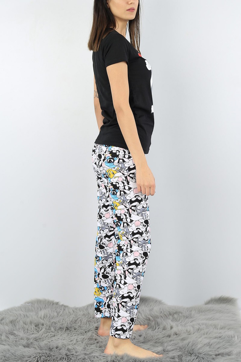 Siyah Baskılı Bayan Pijama Takımı 52336