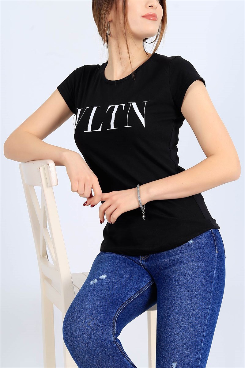 Siyah Baskılı Bayan Tişört 26847B