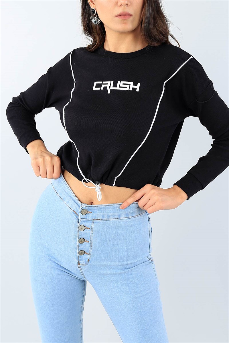 Siyah Baskılı Beli Sıkmalı Bayan Sweat 39572
