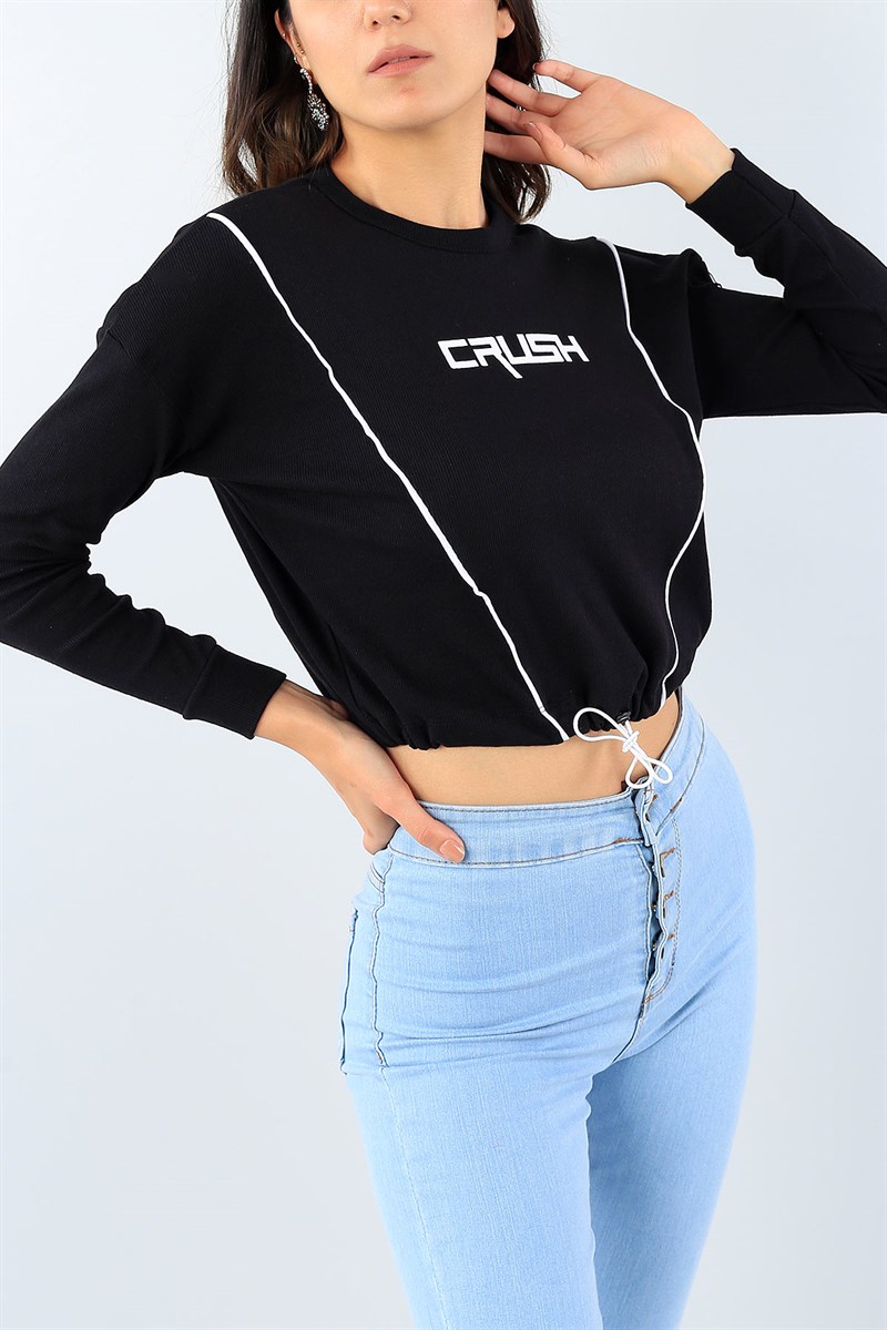 Siyah Baskılı Beli Sıkmalı Bayan Sweat 39572