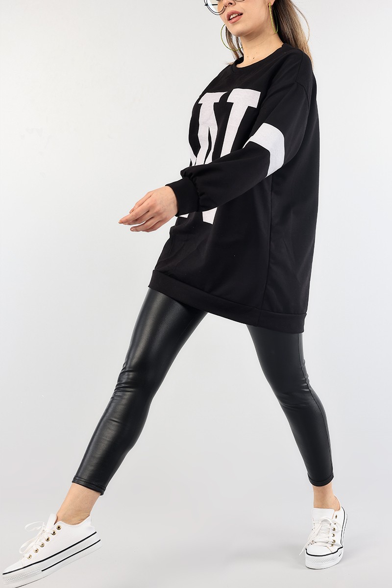 Siyah Baskılı Bisiklet Yaka Sweat Tunik 88776