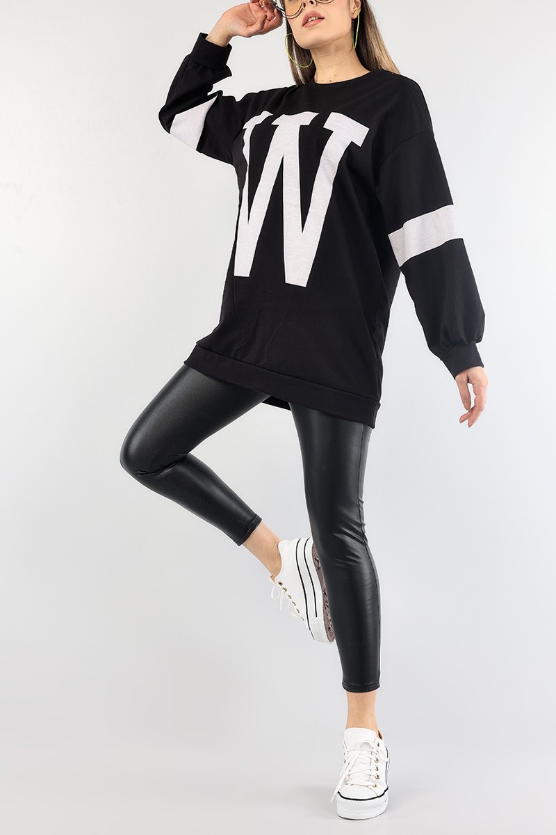 Siyah Baskılı Bisiklet Yaka Sweat Tunik 88776