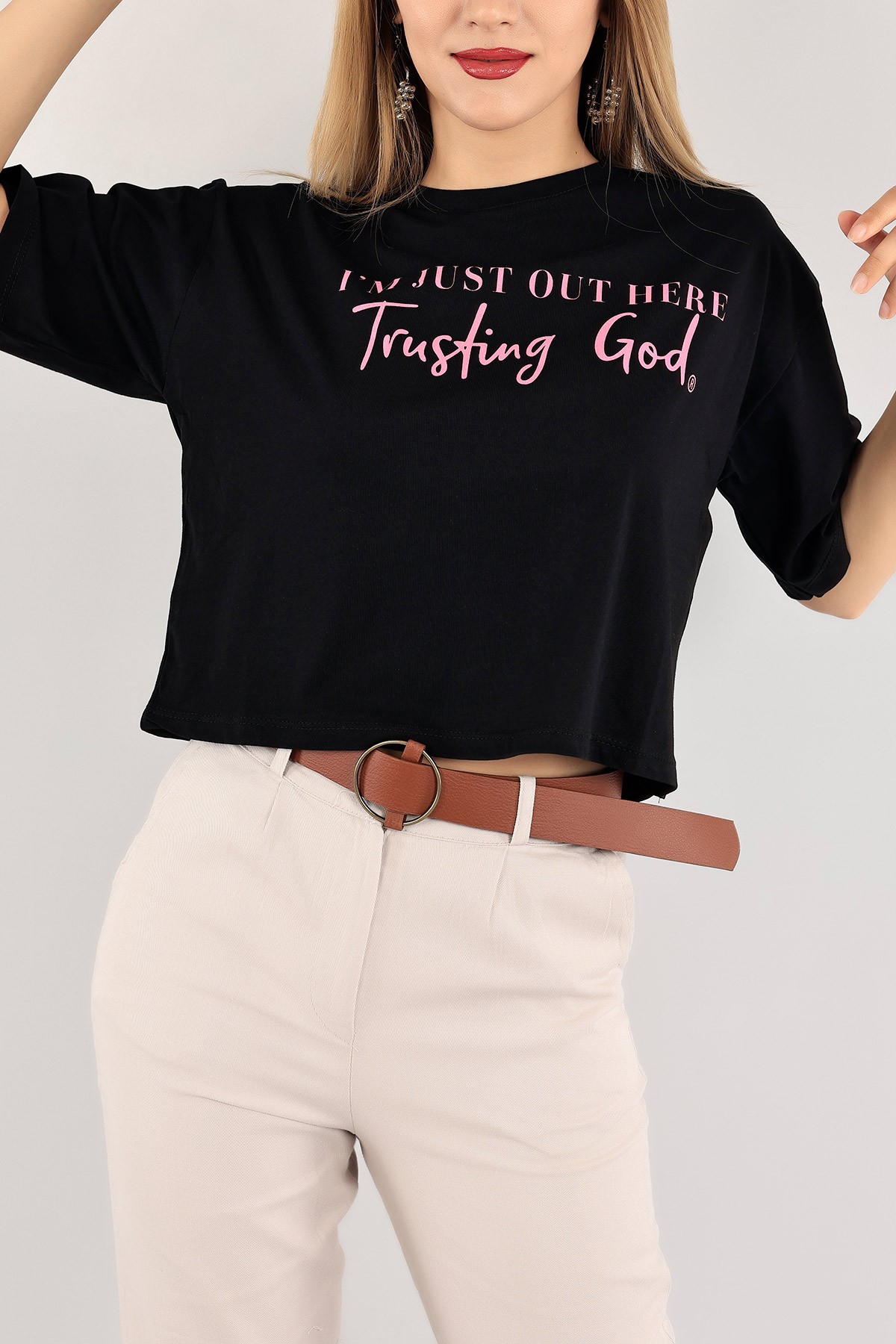 Siyah Baskılı Crop Tişört 115290