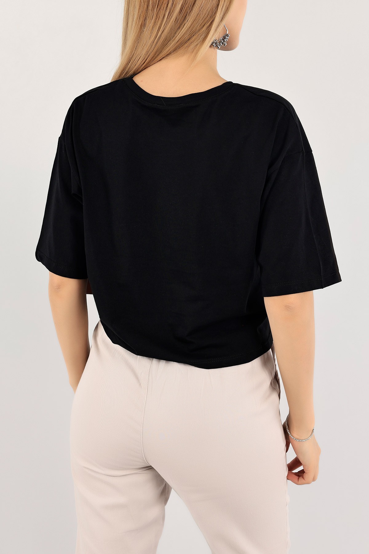 Siyah Baskılı Crop Tişört 115290