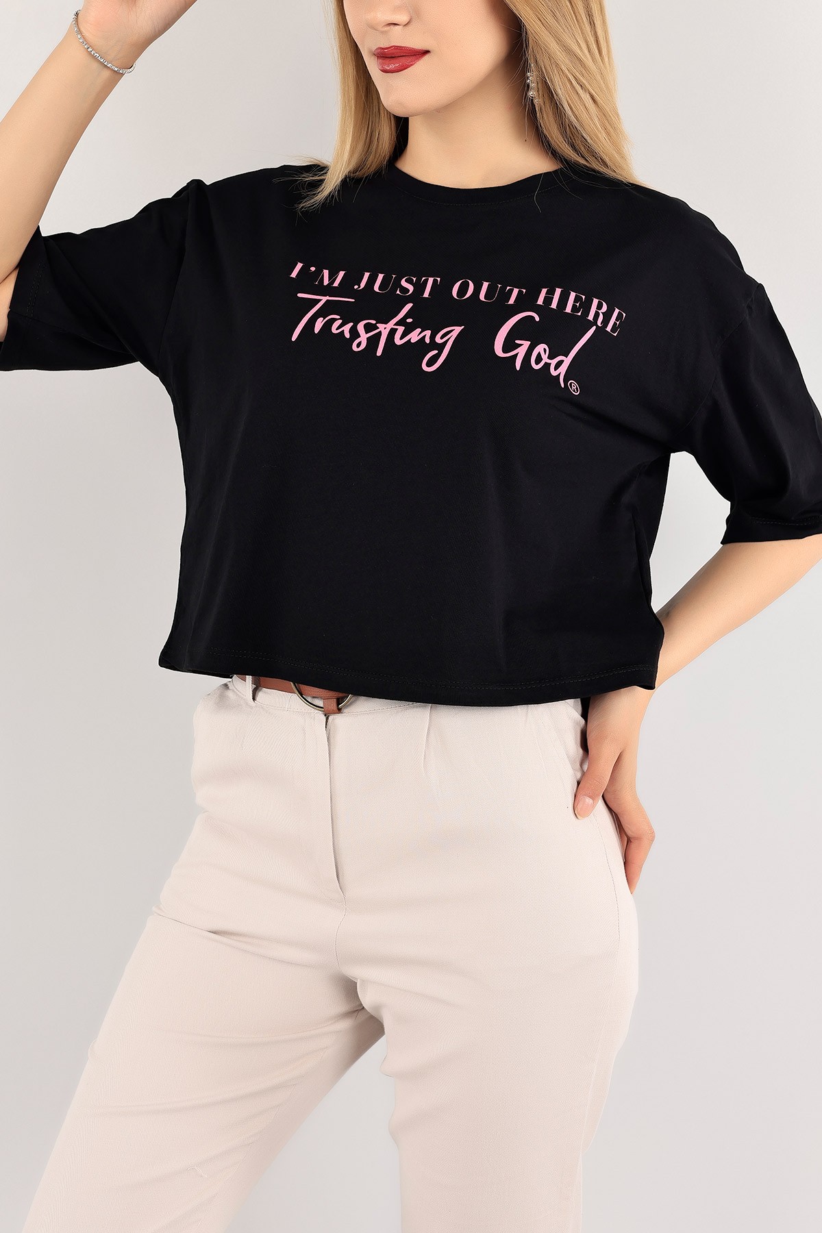 Siyah Baskılı Crop Tişört 115290