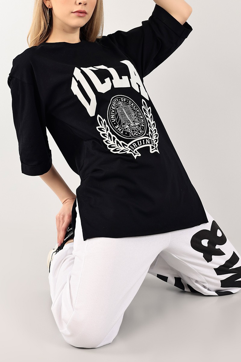 Siyah Baskılı Duble Kol Bayan Tişört 100178