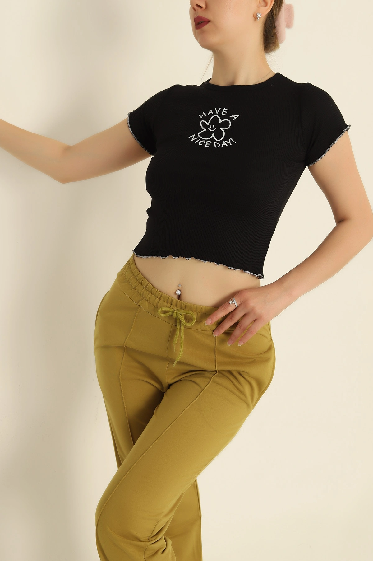 Siyah Baskılı Fitilli Bayan Bluz 279668