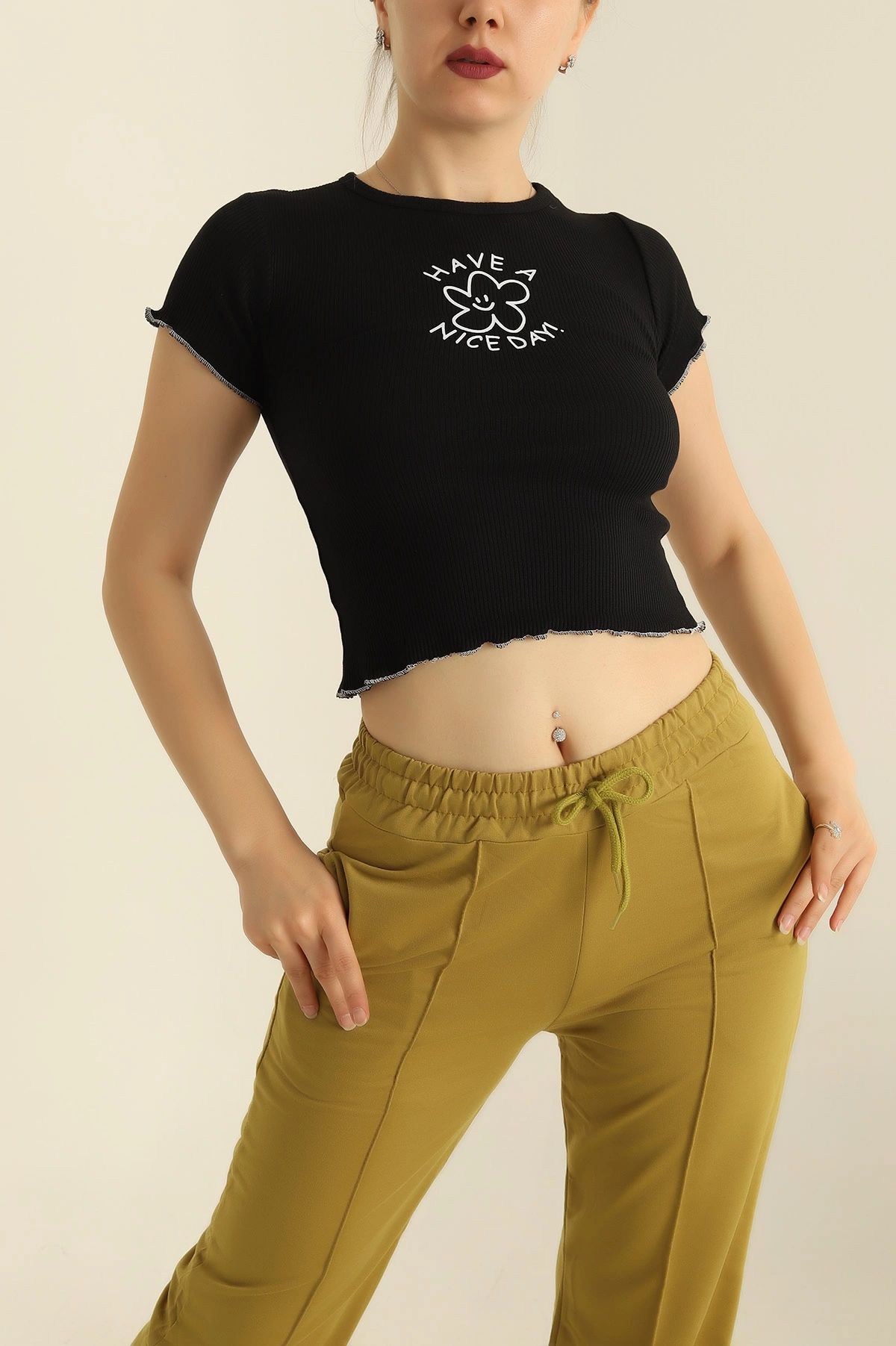 Siyah Baskılı Fitilli Bayan Bluz 279668