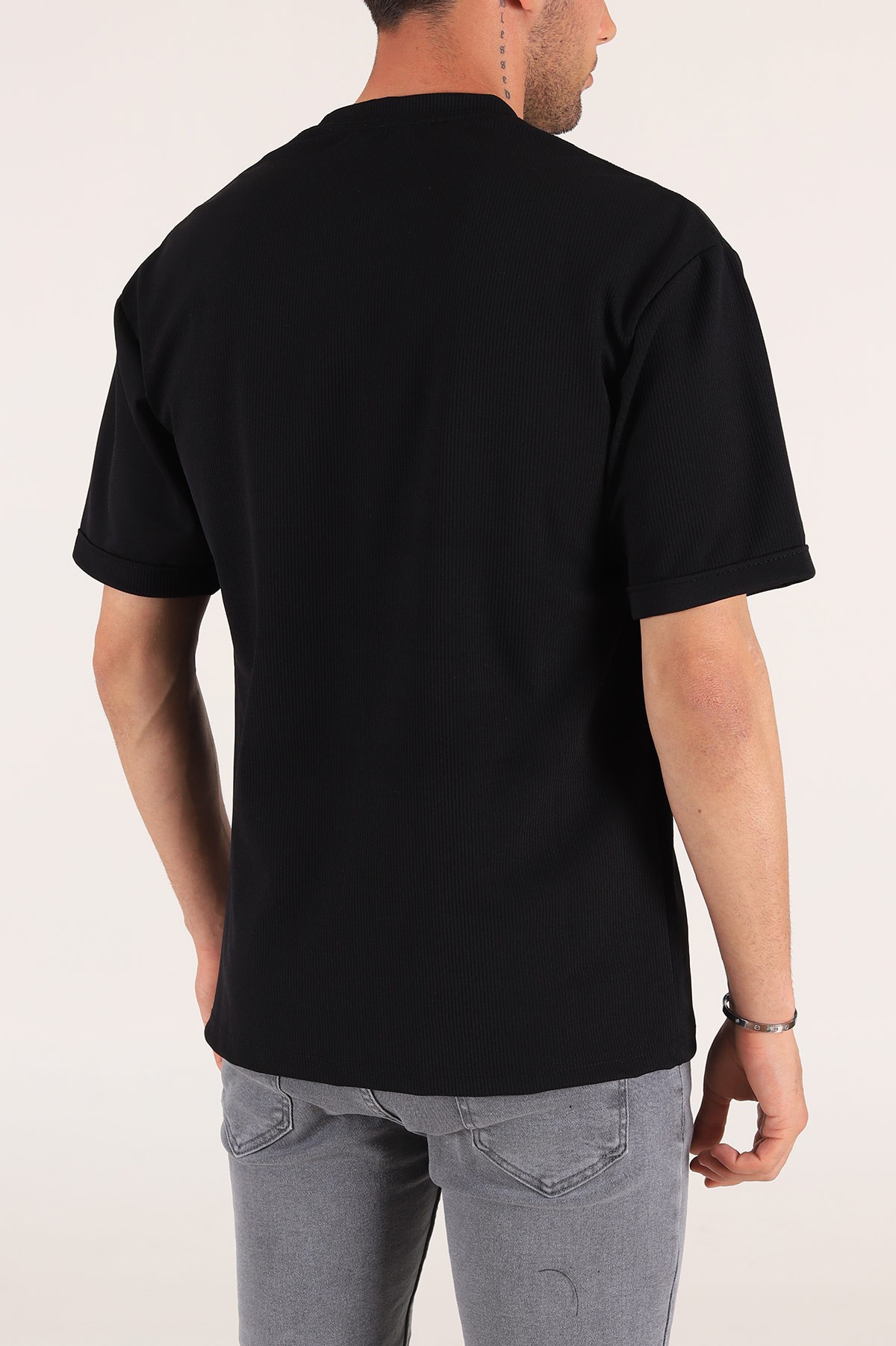 Siyah Baskılı Fitilli Oversize Erkek Tişört 177467
