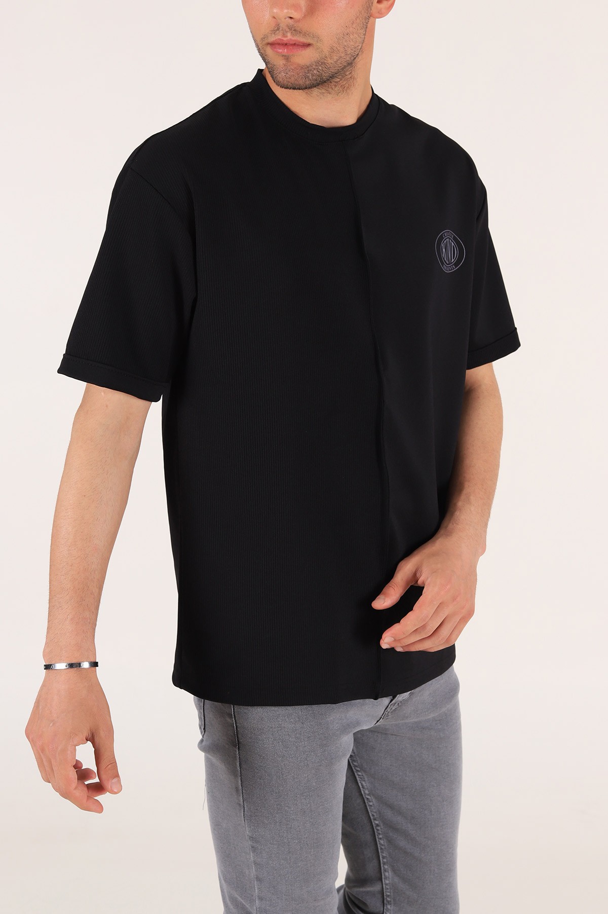 Siyah Baskılı Fitilli Oversize Erkek Tişört 177467