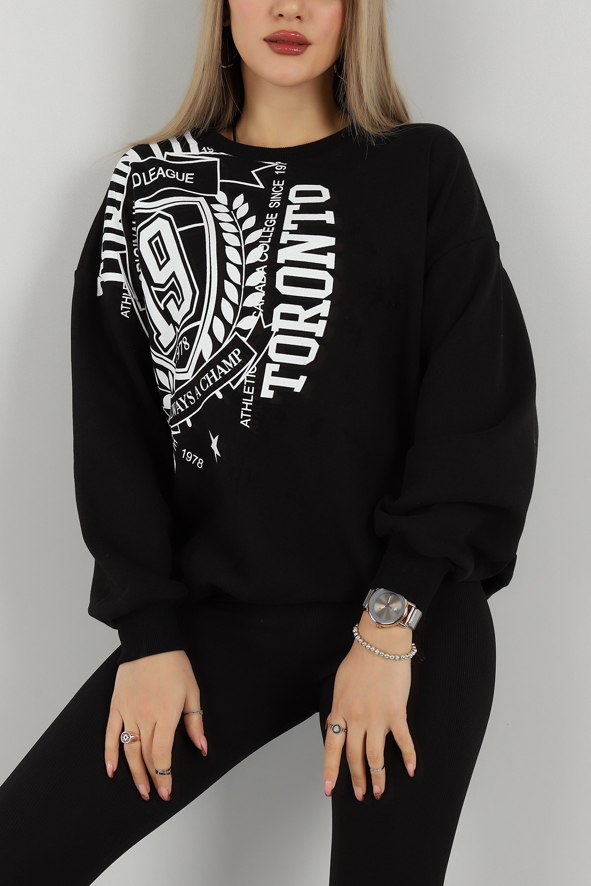 Siyah Baskılı İçi Şardonlu Bayan Sweat 144006