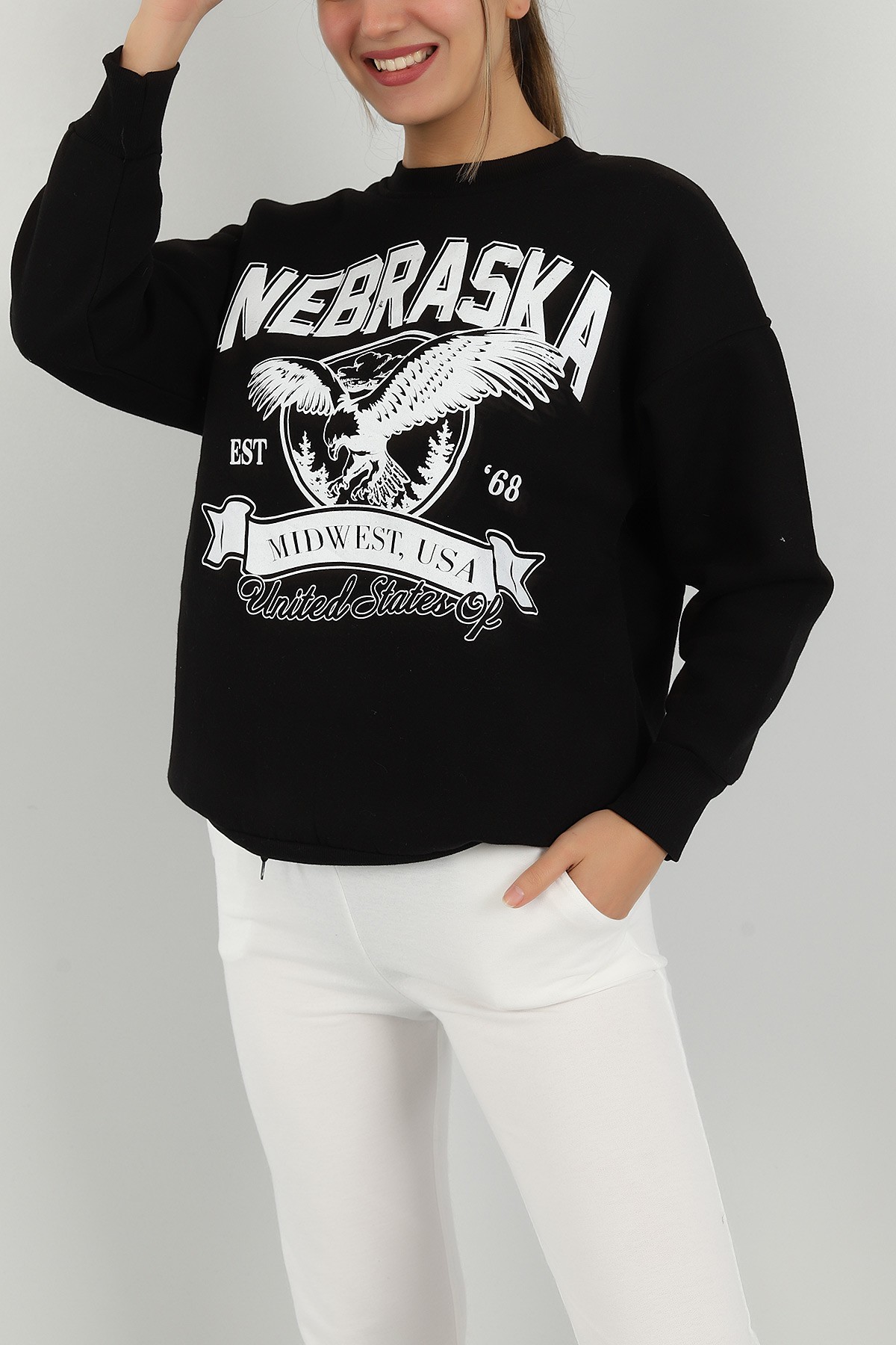 Siyah Baskılı İçi Şardonlu Bayan Sweat 144953