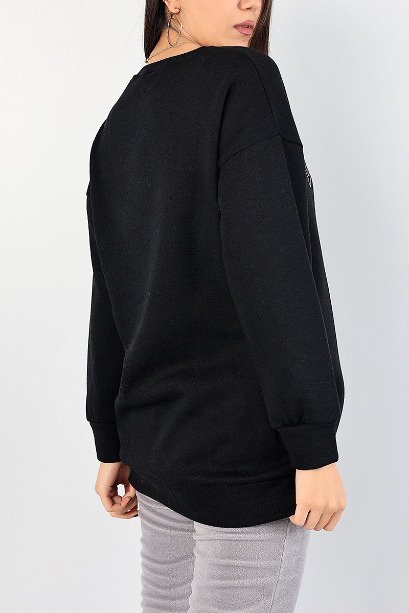 Siyah Baskılı İçi Şardonlu Bayan Sweat 85008
