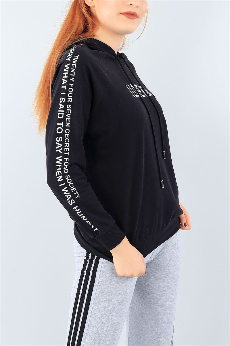 Siyah Baskılı Kapüşonlu Bayan Sweat 39232