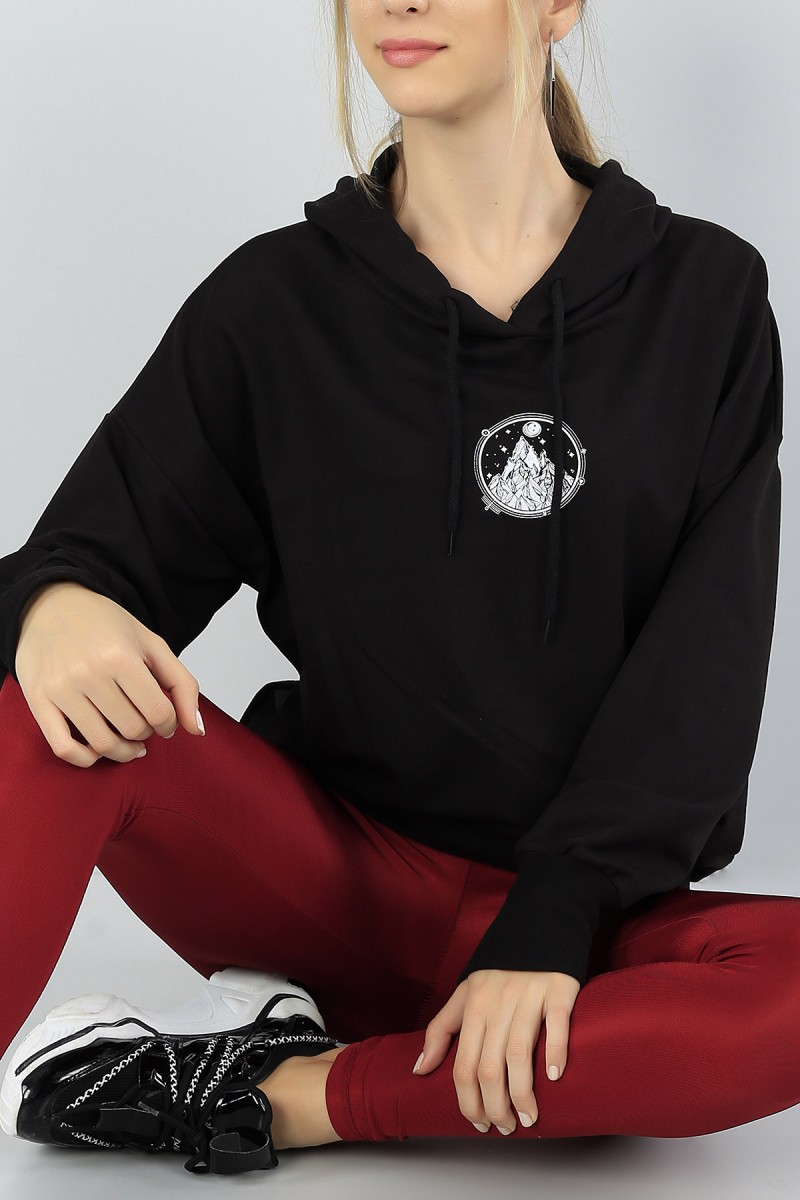 Siyah Baskılı Kapüşonlu Bayan Sweat 47128