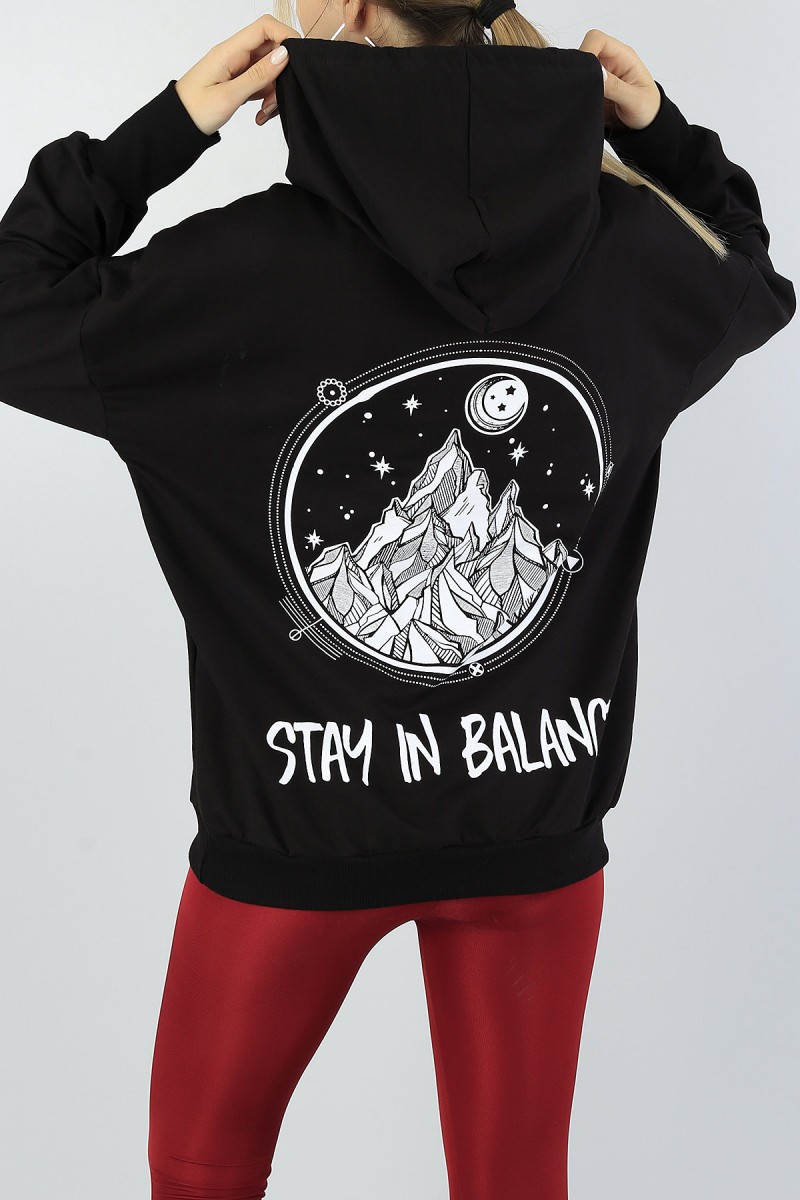 Siyah Baskılı Kapüşonlu Bayan Sweat 47128