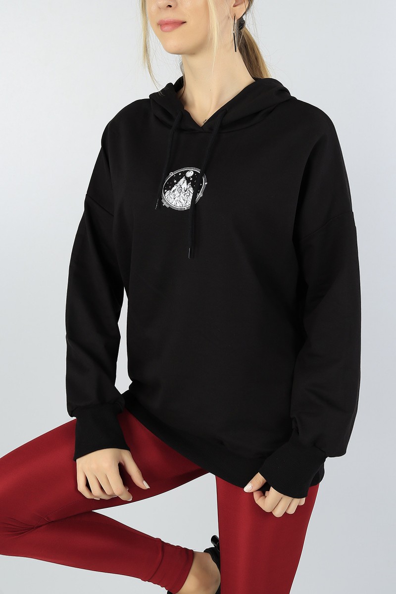 Siyah Baskılı Kapüşonlu Bayan Sweat 47128