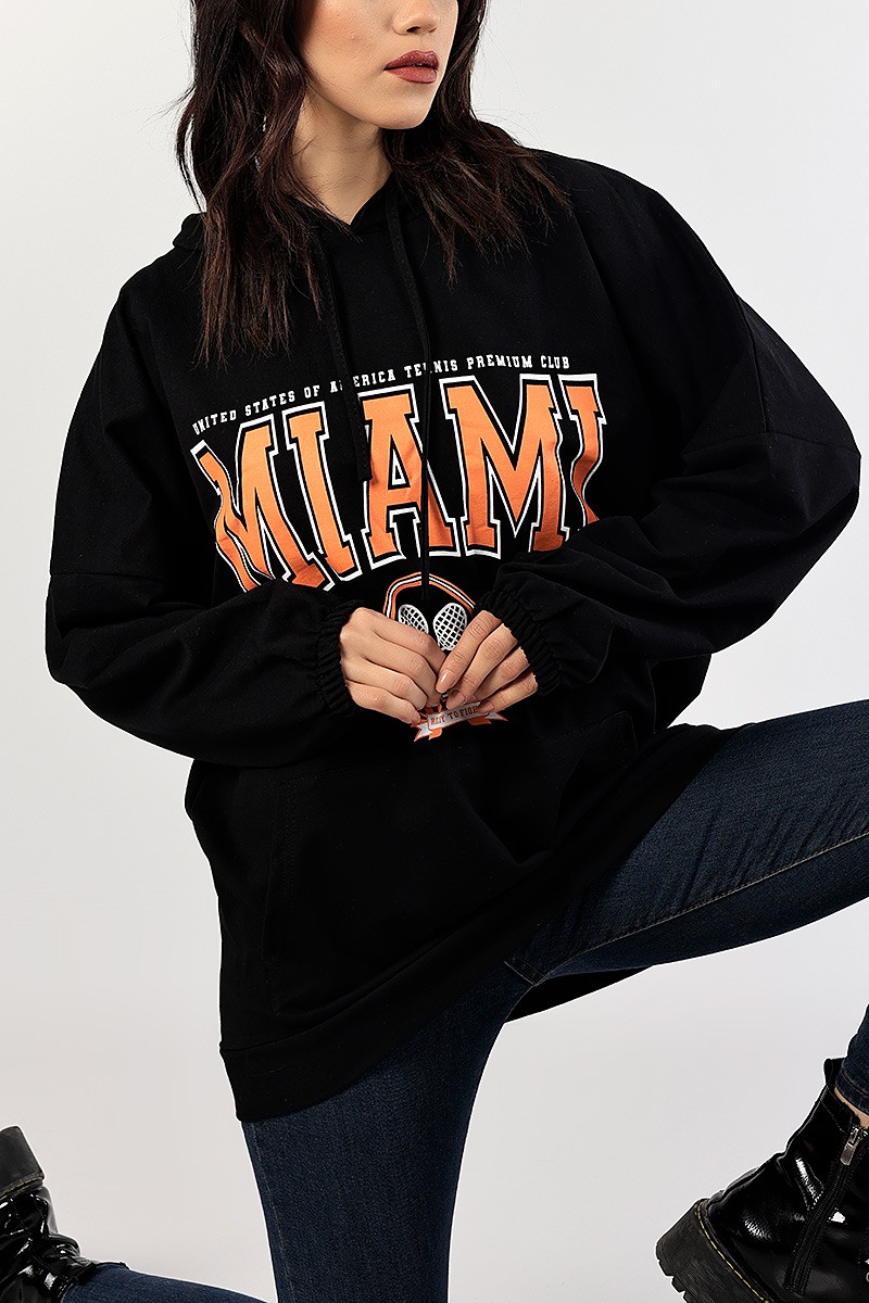 Siyah Baskılı Kapüşonlu Bayan Sweat 83374