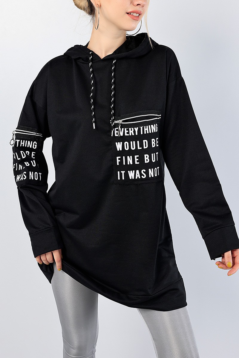 Siyah Baskılı Kapüşonlu Sweat Tunik 76497