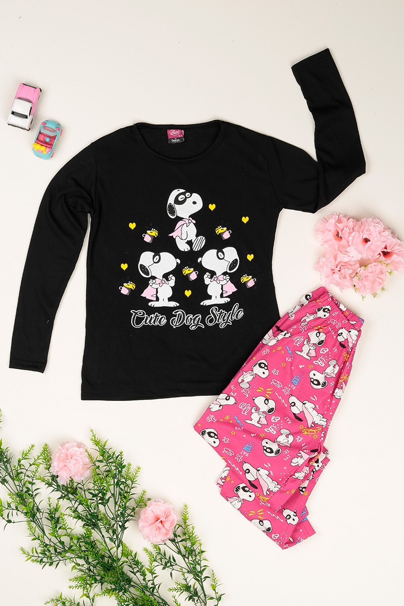Siyah Baskılı Kız Çocuk Pijama Takımı 77931