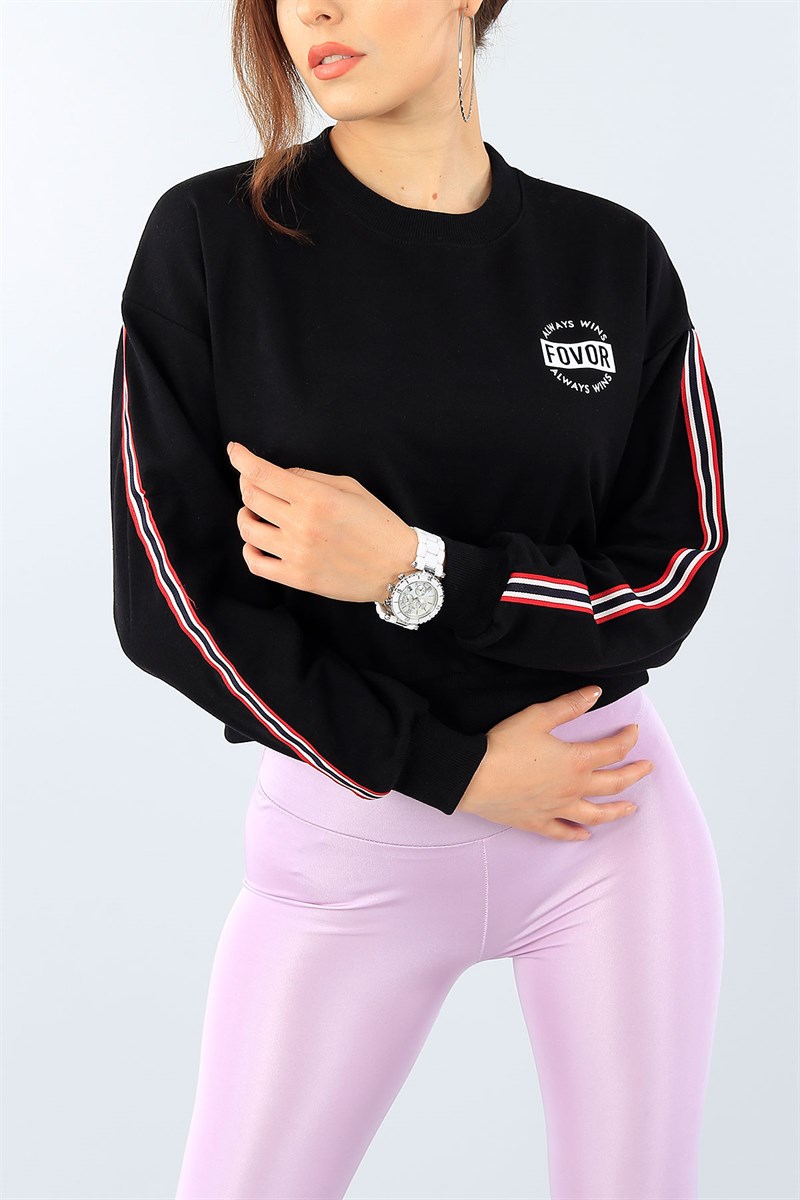 Siyah Baskılı Kol Detay Bayan Crop Sweat 39013