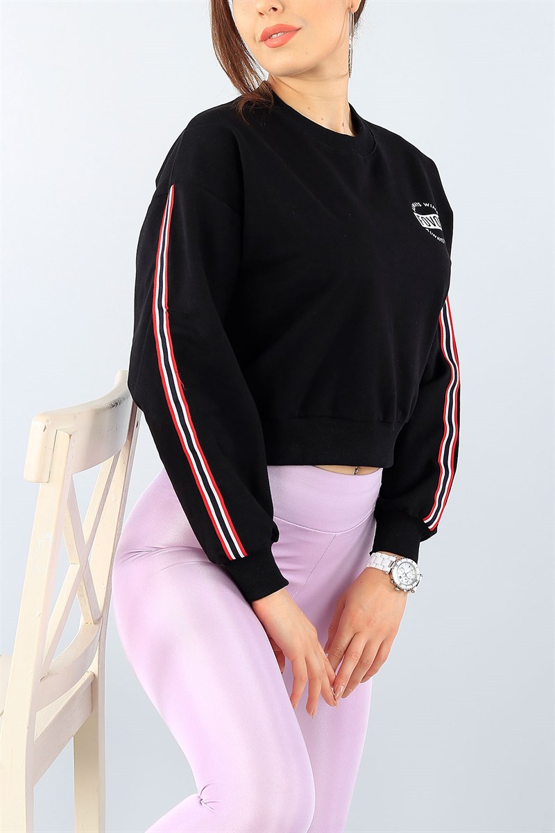 Siyah Baskılı Kol Detay Bayan Crop Sweat 39013