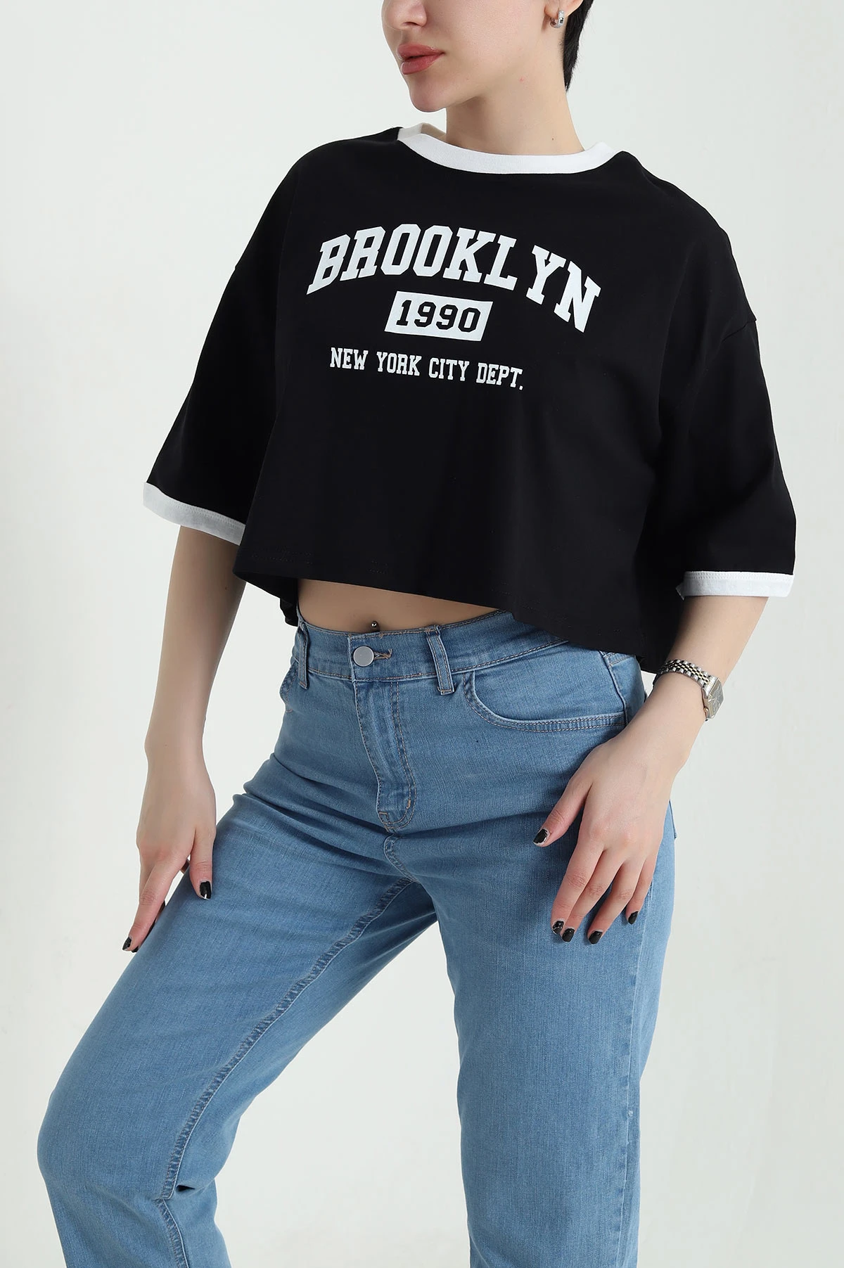 Siyah Baskılı Kompak Kadın Crop 455151
