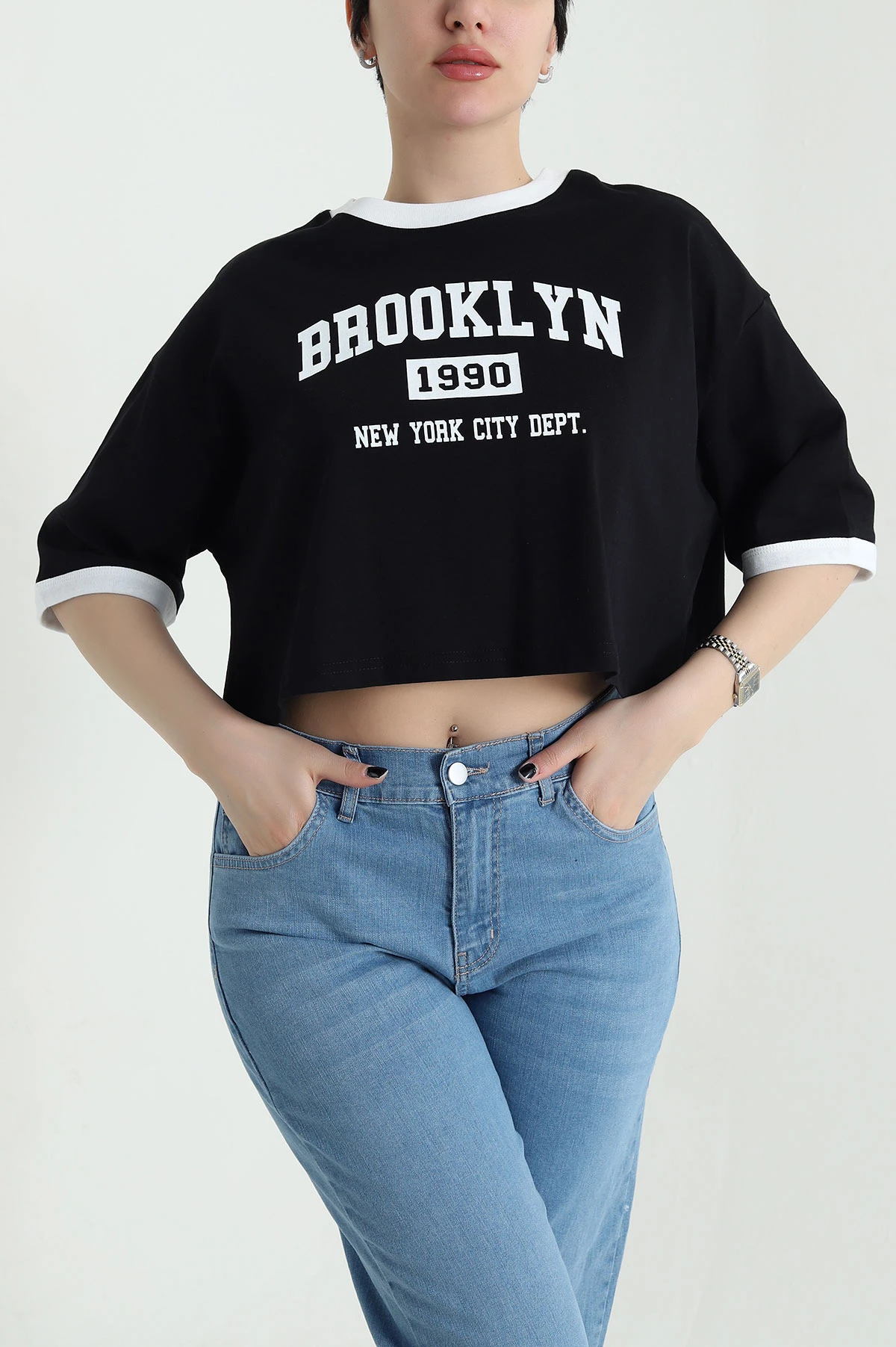 Siyah Baskılı Kompak Kadın Crop 455151
