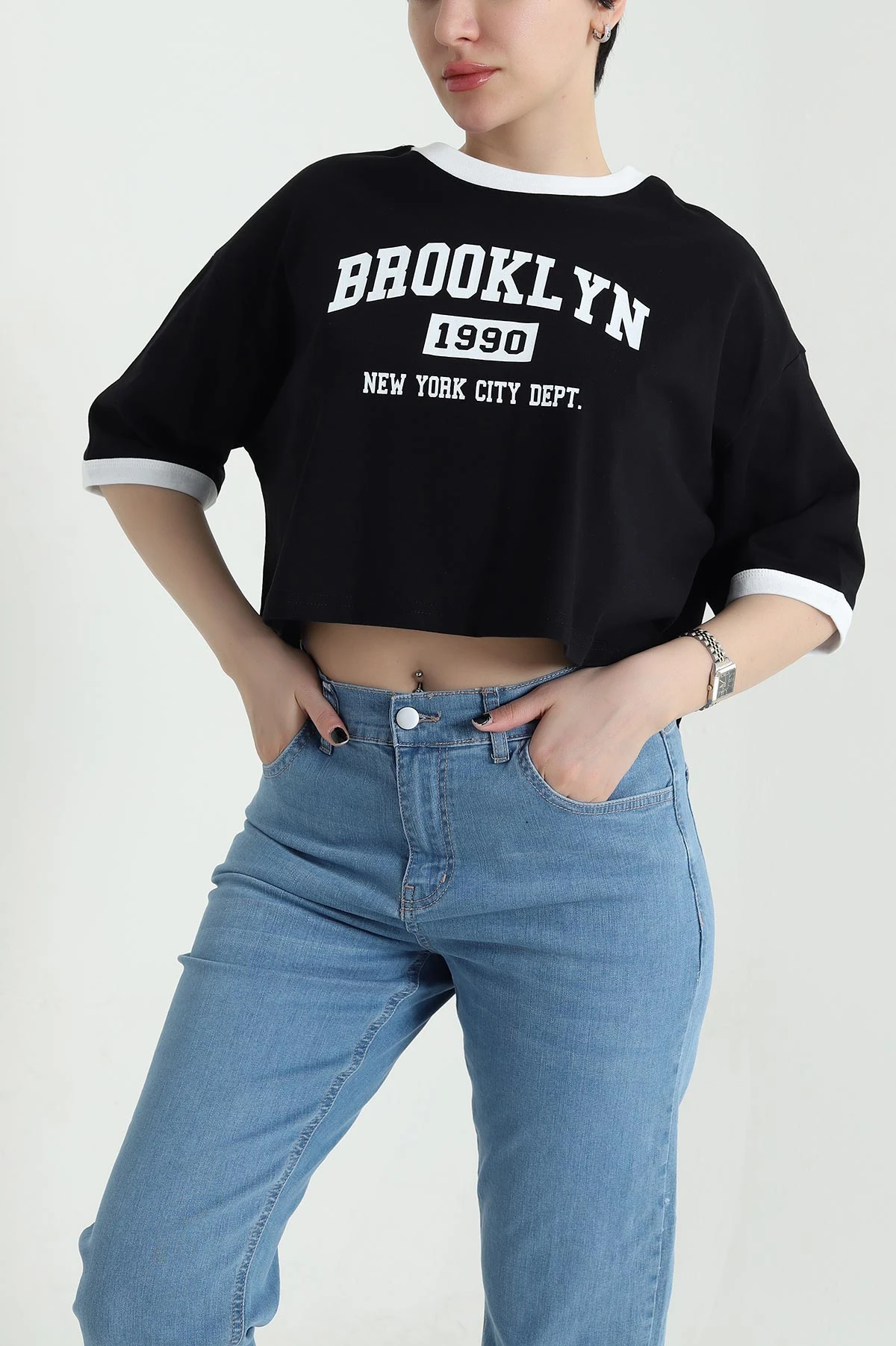 Siyah Baskılı Kompak Kadın Crop 455151