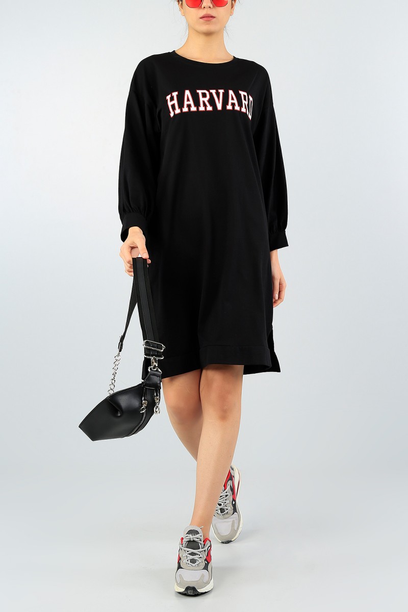 Siyah Baskılı Likralı Tunik Elbise 58107
