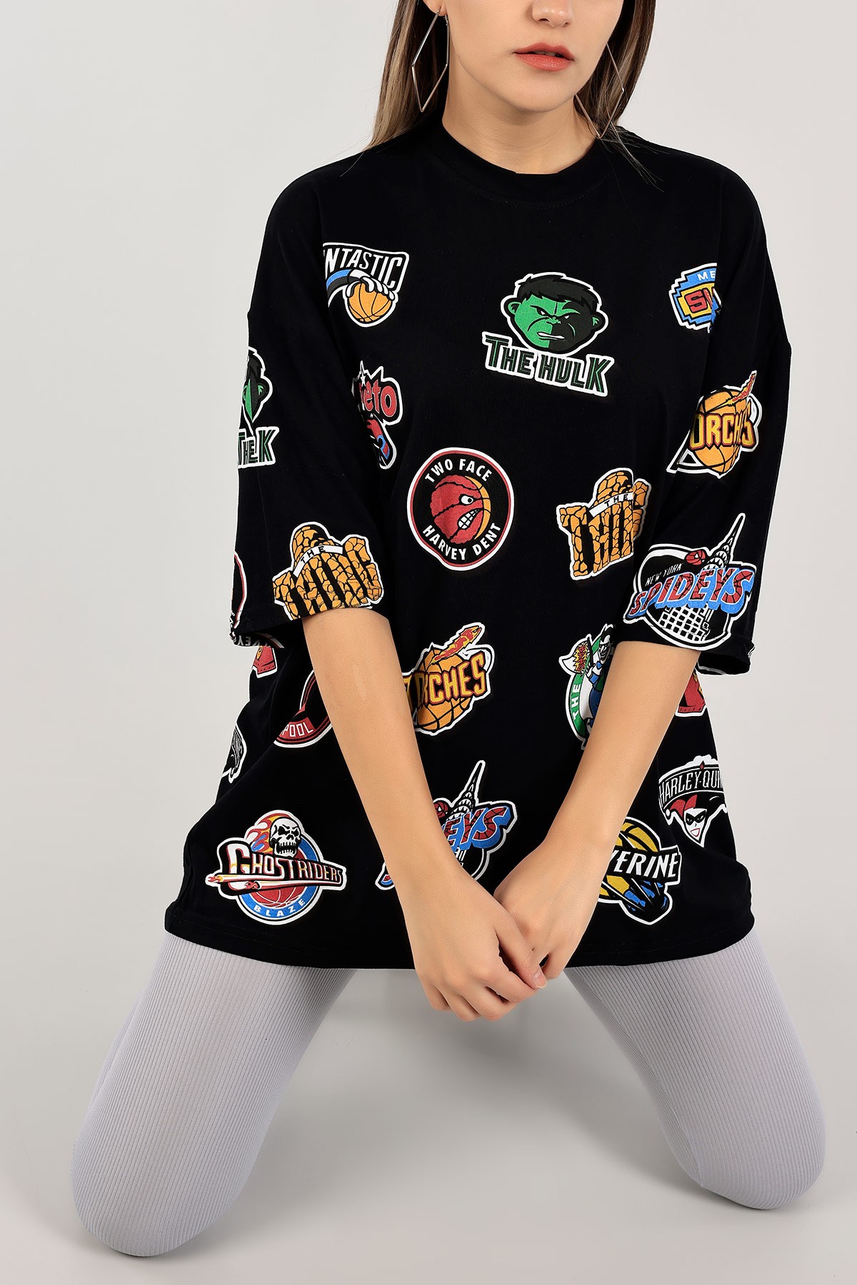 Siyah Baskılı Oversize Bayan Tişört 117231