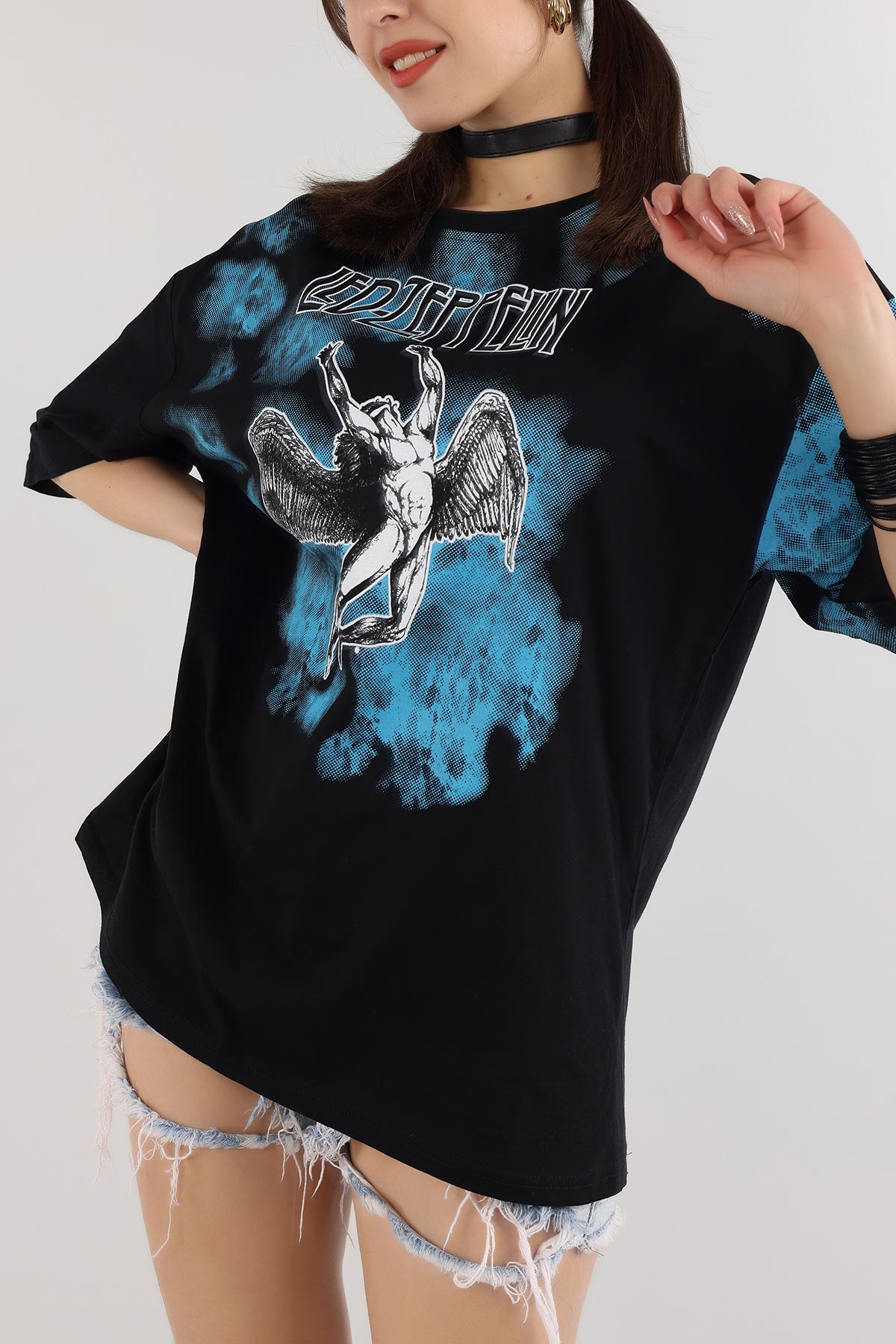 Siyah Baskılı Oversize Bayan Tişört 166229