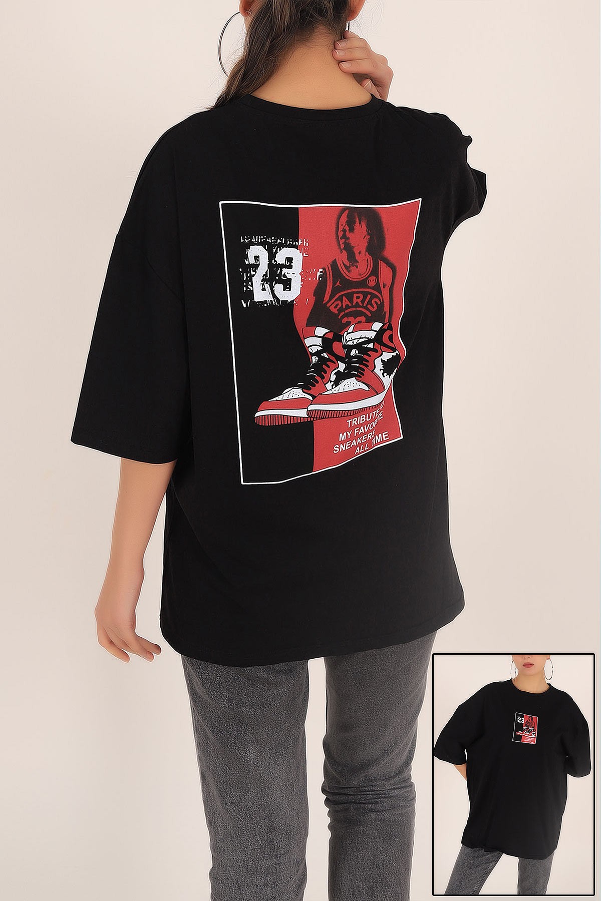 Siyah Baskılı Oversize Bayan Tişört 169870