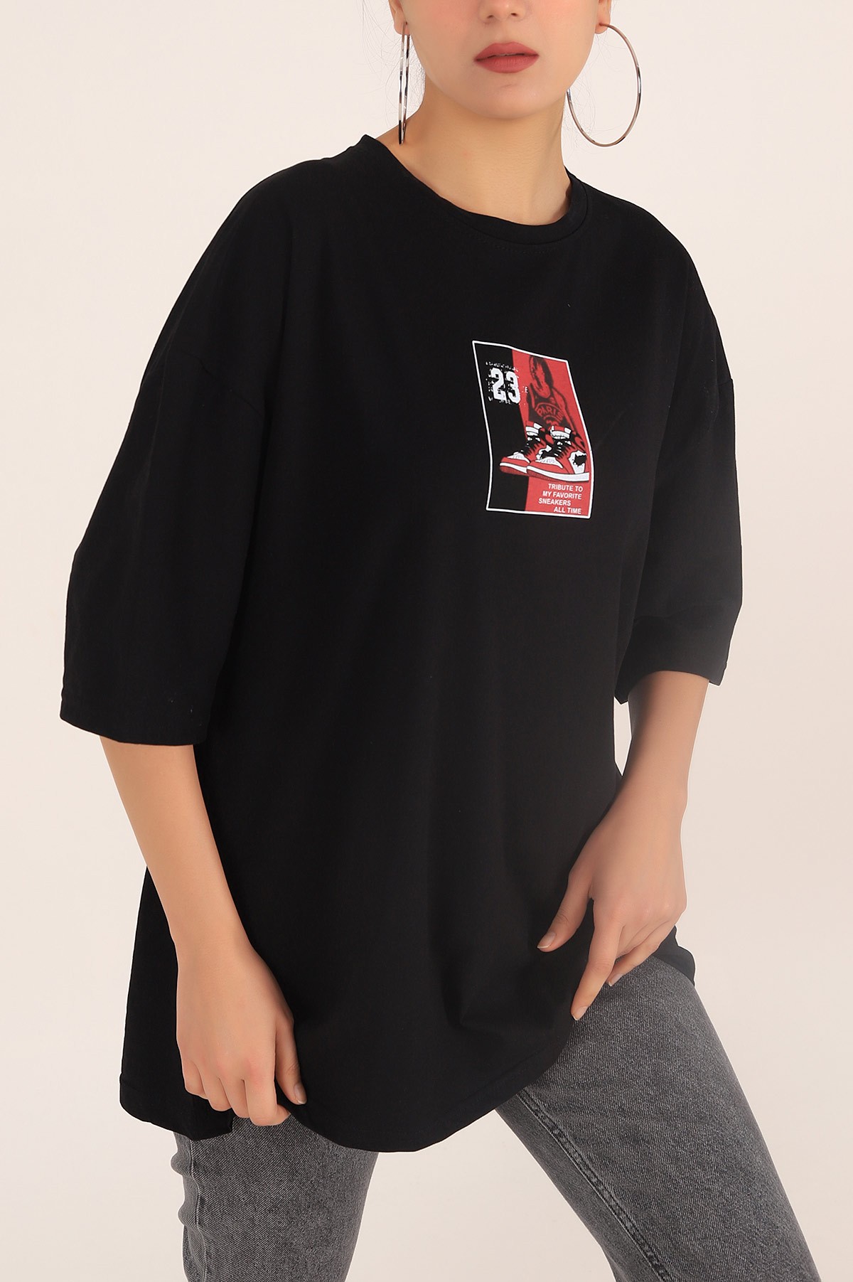 Siyah Baskılı Oversize Bayan Tişört 169870