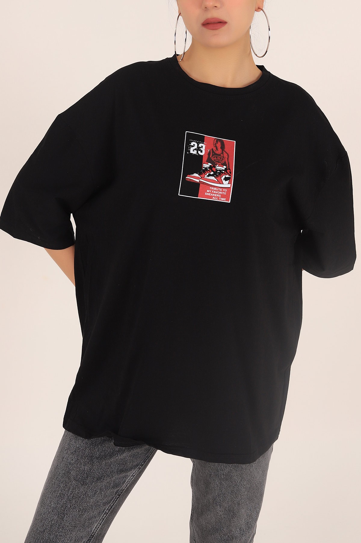 Siyah Baskılı Oversize Bayan Tişört 169870