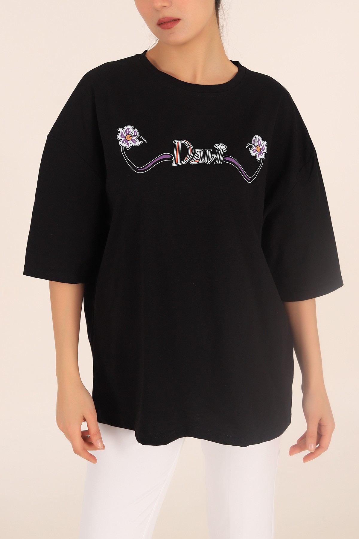Siyah Baskılı Oversize Bayan Tişört 169874