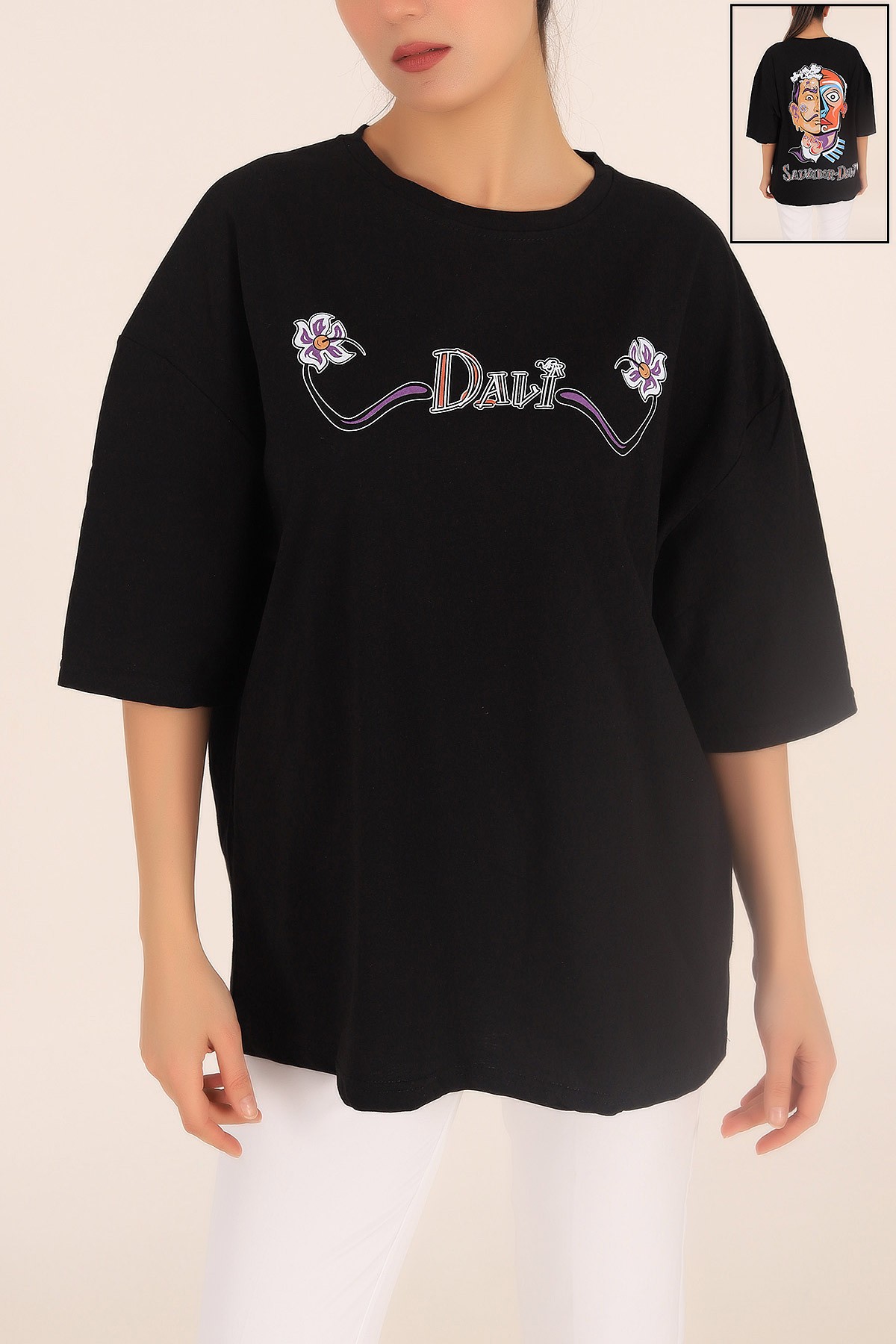 Siyah Baskılı Oversize Bayan Tişört 169874