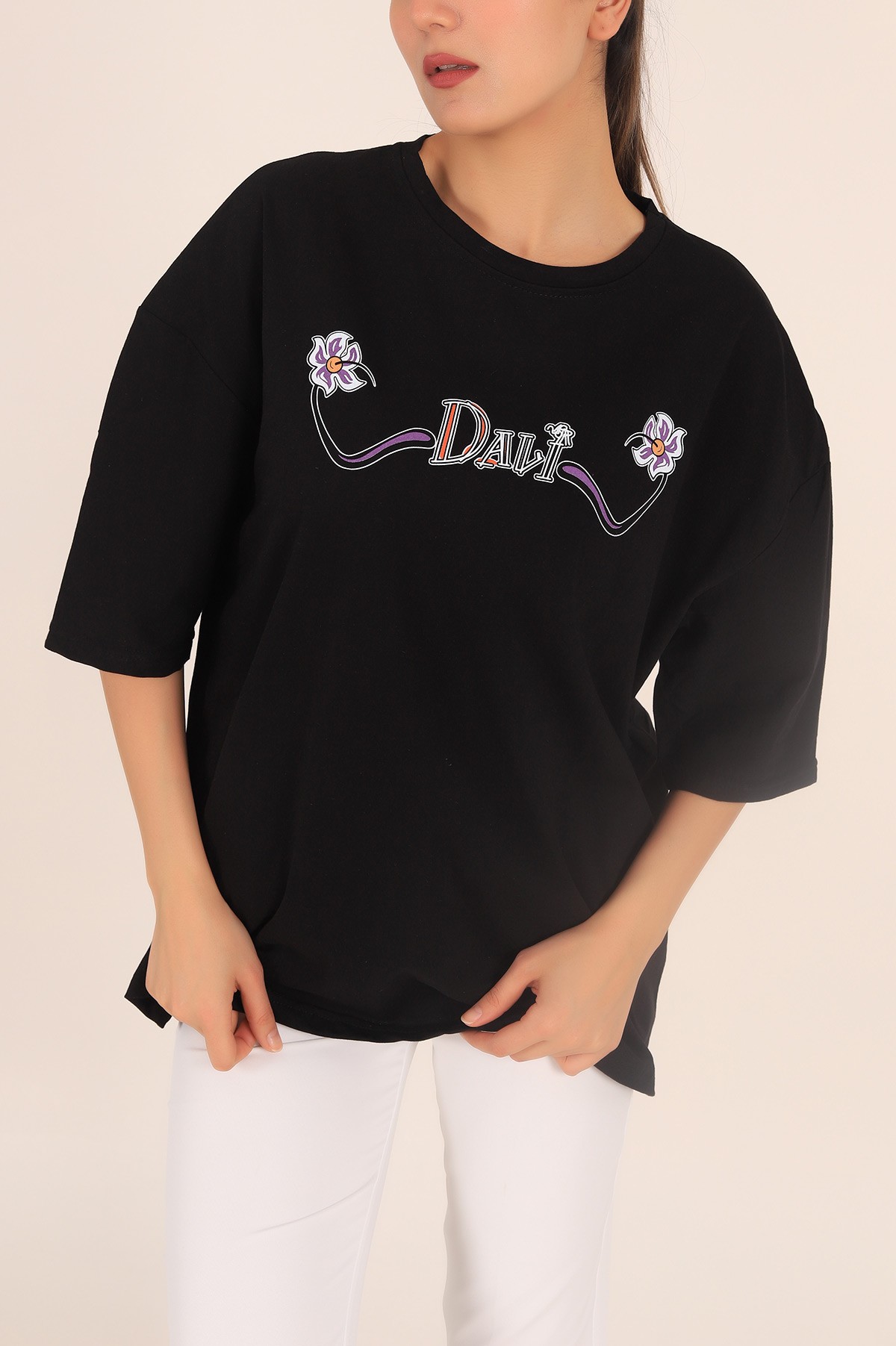 Siyah Baskılı Oversize Bayan Tişört 169874