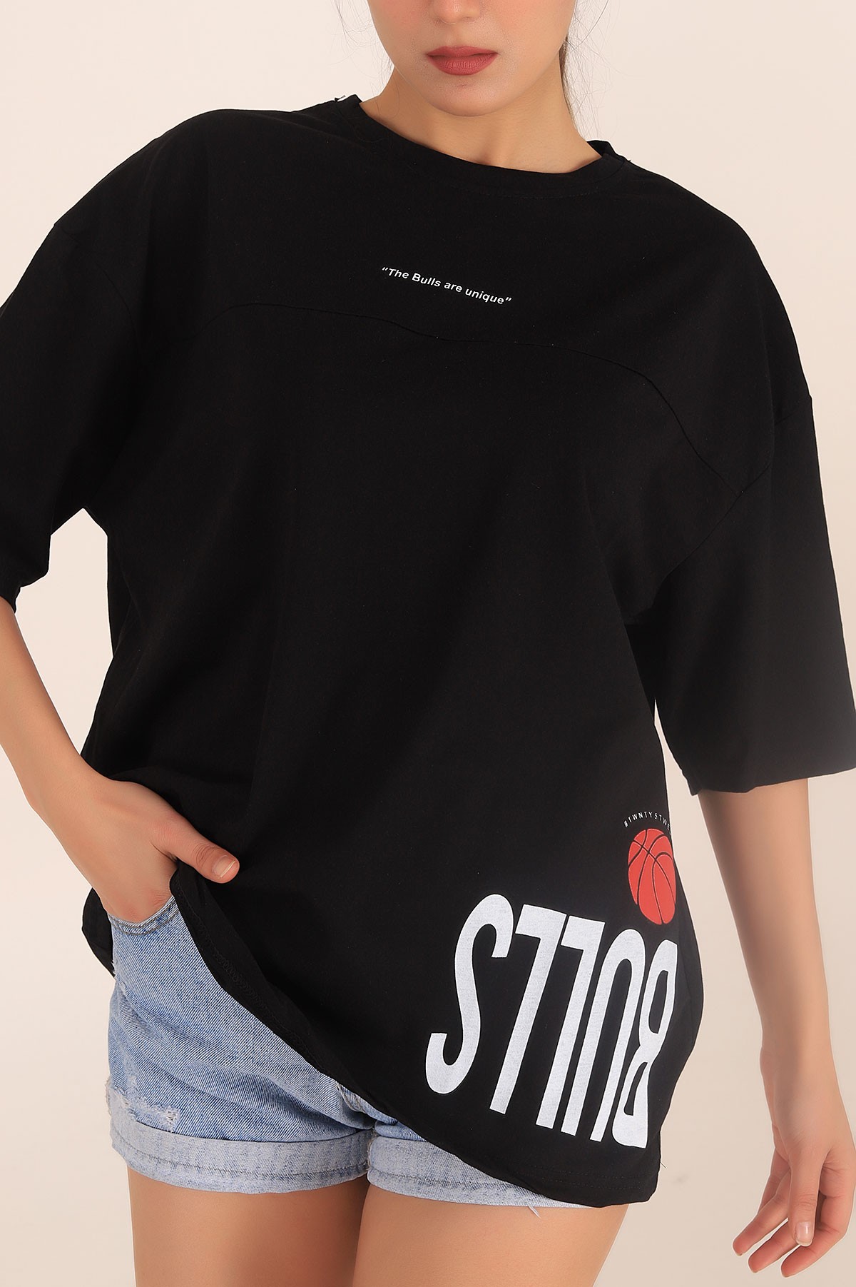 Siyah Baskılı Oversize Bayan Tişört 169909