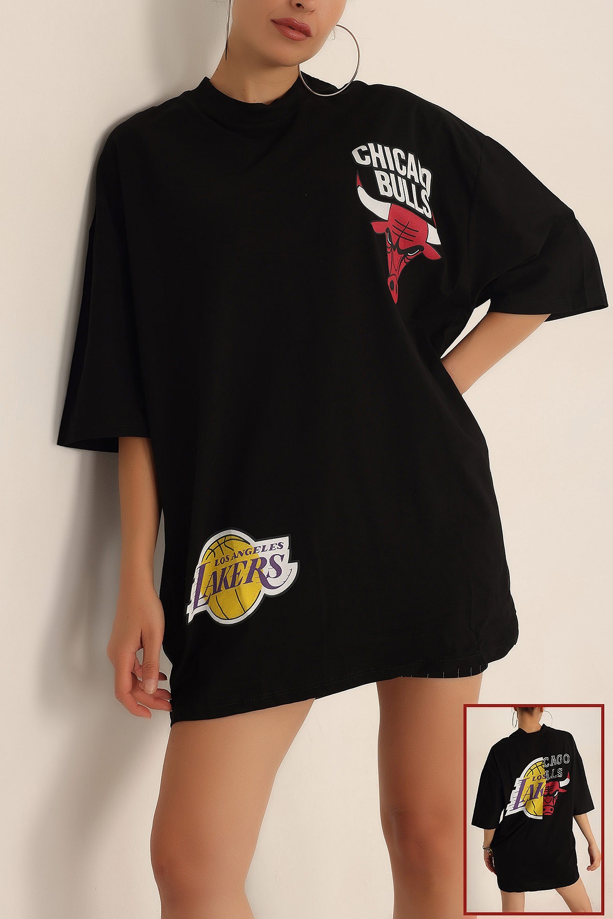 Siyah Baskılı Oversize Bayan Tişört 193717