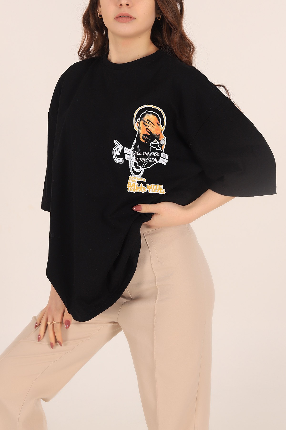 Siyah Baskılı Oversize Tişört 169889