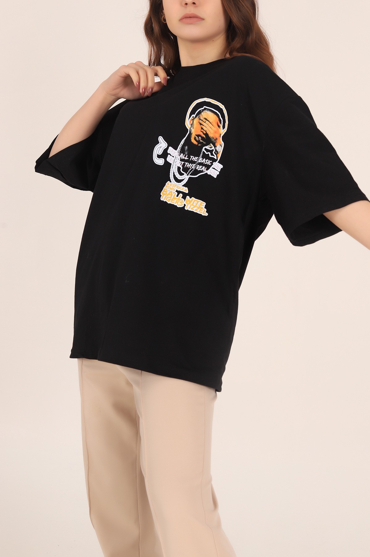Siyah Baskılı Oversize Tişört 169889