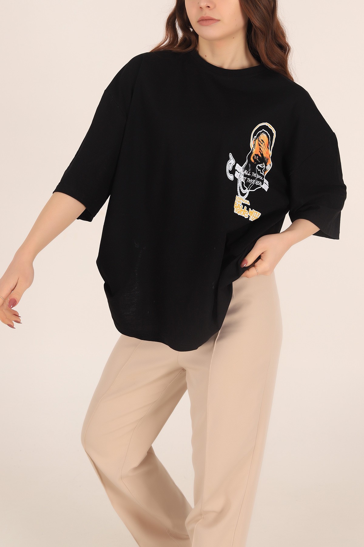 Siyah Baskılı Oversize Tişört 169889