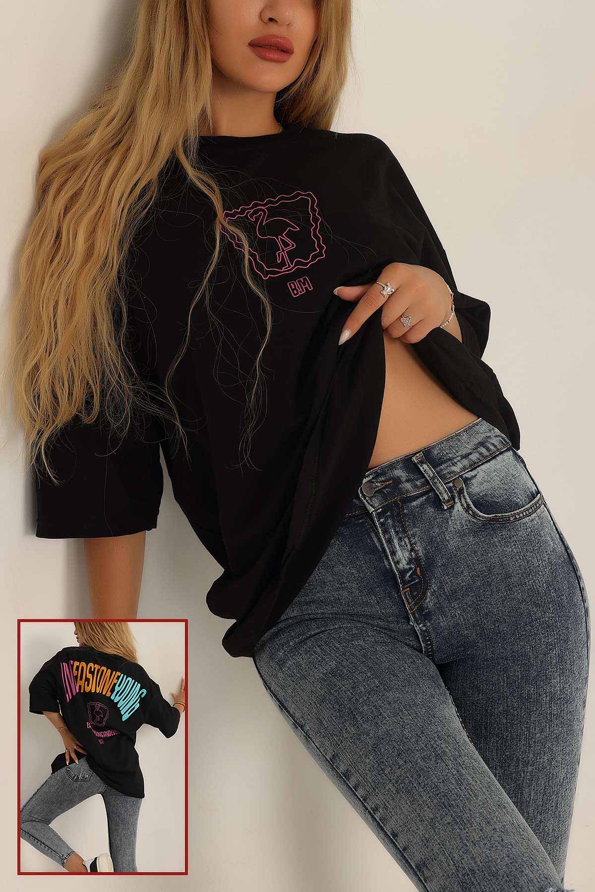 Siyah Baskılı Oversize Tişört 193578