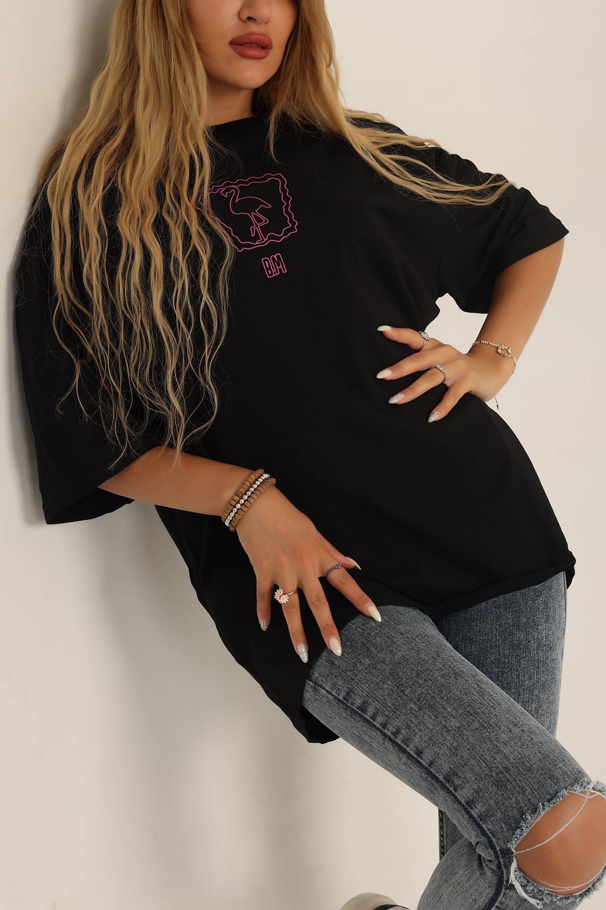 Siyah Baskılı Oversize Tişört 193578