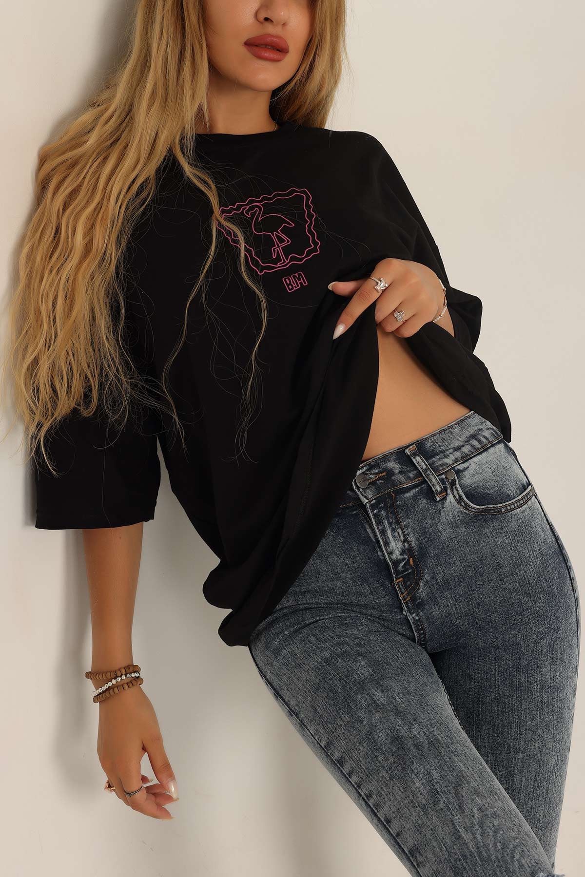 Siyah Baskılı Oversize Tişört 193578
