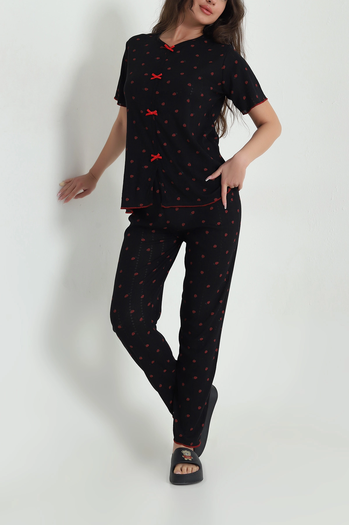 Siyah Baskılı Pointel Kadın Pijama Takımı 463560